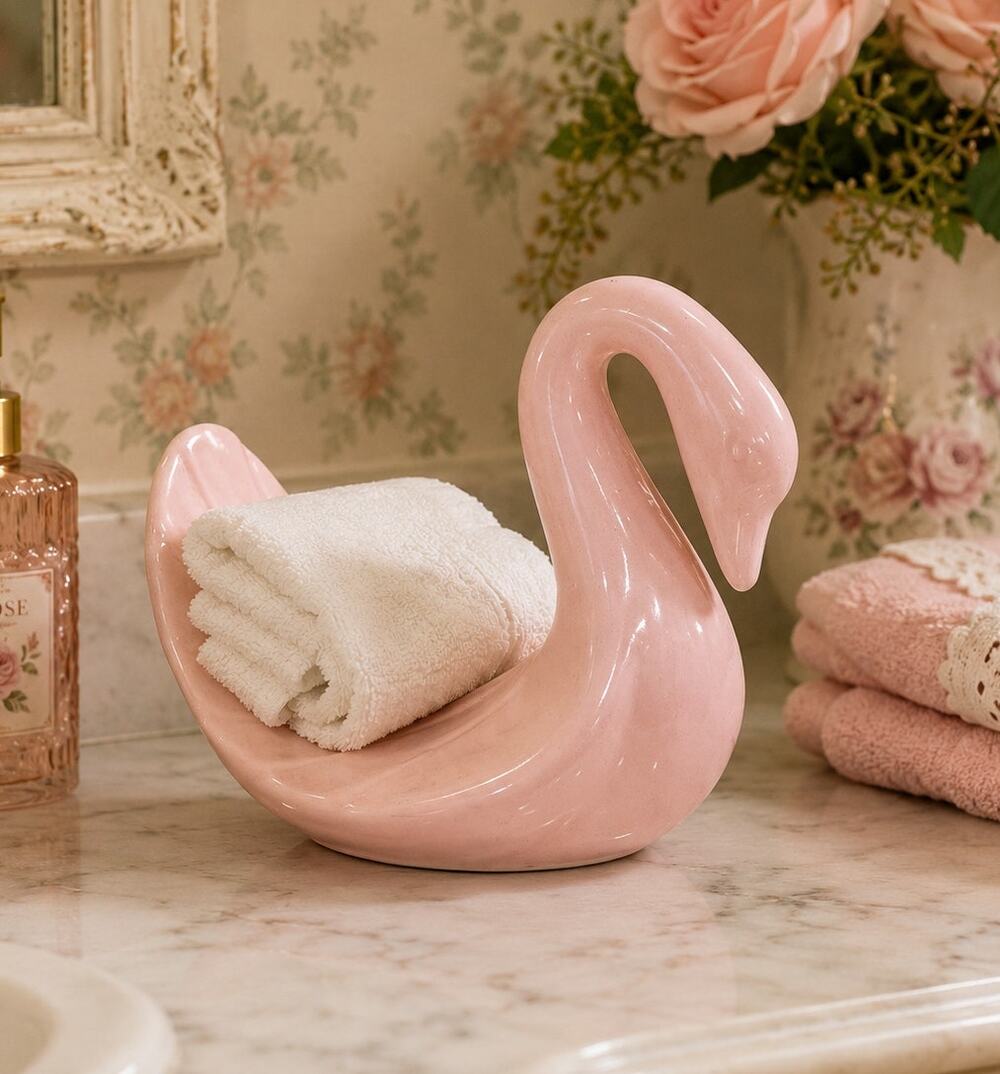 Vintage Pink Swan Ceramic Towel Holder by Andre Richard Mid Century Decor